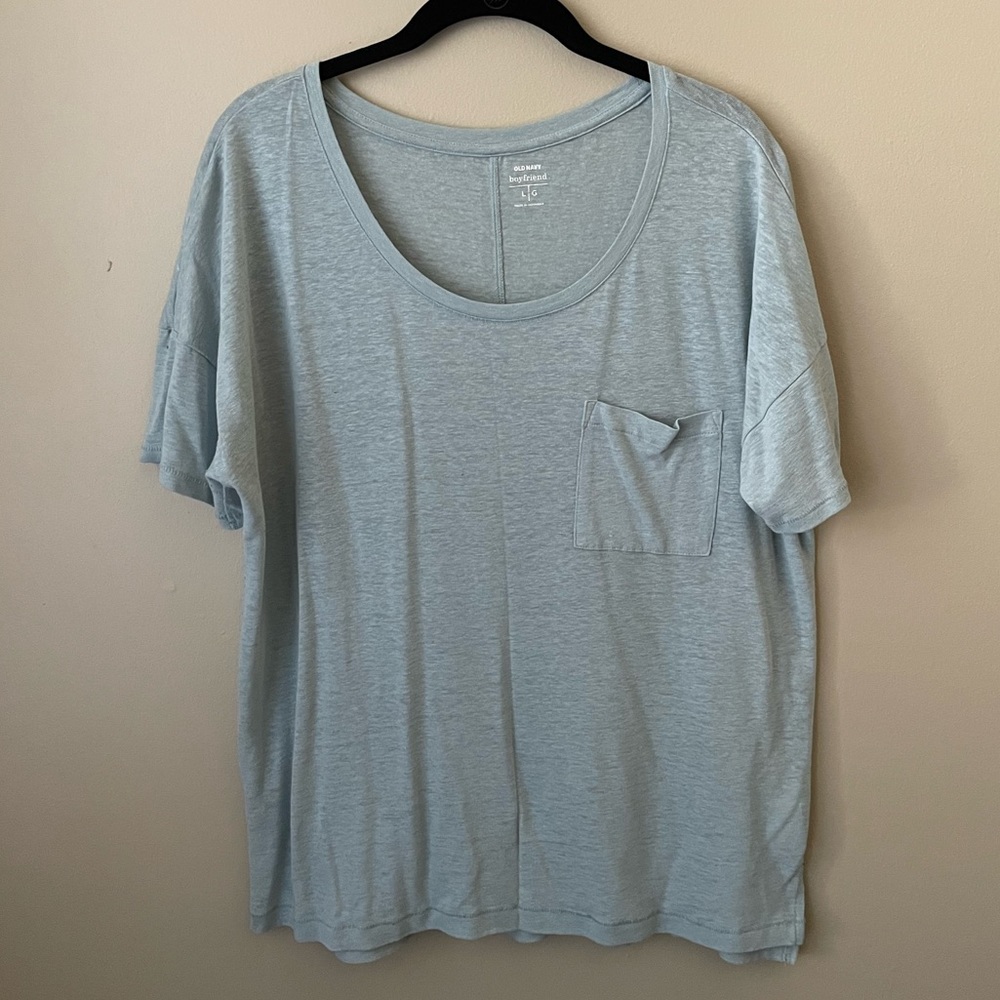 Light blue t-shirt. Large Old Navy boyfriend short sleeve shirt.
